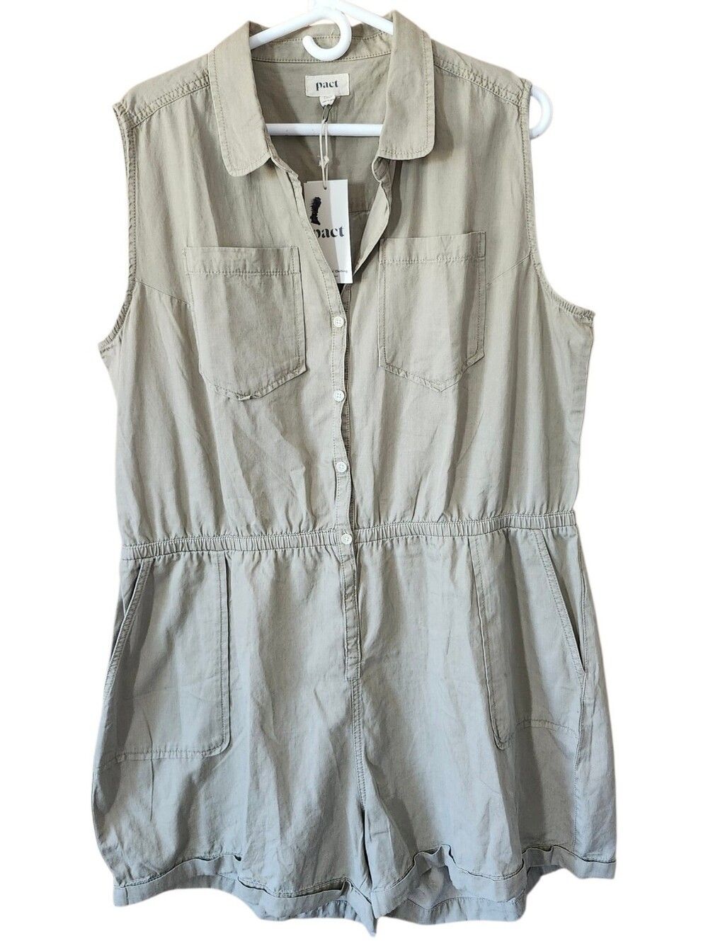 Pact Organic Cotton Tan Khaki Sleeveless Utility Romper. Sz. XL NWT
